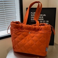 Quilted bright orange canvas tote bag with rhombic pattern and drawstring closure - Orange