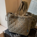 Chic olive green quilted tote bag with rhombus pattern and side drawstring pocket - Green