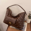 Dark brown quilted tote bag with large capacity and gold lock detail for women - Brown