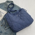 Deep blue quilted nylon tote bag with rhombus pattern and drawstring magnetic closure - Blue