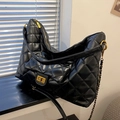 Black quilted hobo shoulder bag with golden chain and matching mini pouch pendant - Black