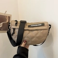 Khaki crescent saddle bag with quilted rhombus pattern and adjustable black strap - Khaki