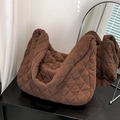 Brown quilted corduroy tote bag with diamond stitching and large capacity design - Brown