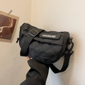 Black quilted crossbody saddle bag with fashion logo and adjustable wide strap - Black