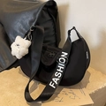 Black nylon hobo bag with white FASHION lettering and a cute plush bear charm - Black Letter Strap With Cloud Charm