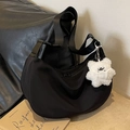 Black nylon crescent hobo bag with a cute white bear keychain and wide strap - Black With Cloud Charm