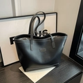 Classic black leather tote bag with white contrast stitching and long shoulder handles - Black