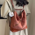 Caramel corduroy tote bag for women with plush owl charm and leather trim details - Light Brown (No Pendant)