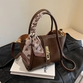 Vintage brown bucket bag with houndstooth heart scarf and adjustable shoulder strap - Brown
