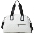 White quilted travel bag with black contrast straps and a spacious duffel bag design - White