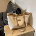 Minimalist beige tote bag with brown trim and long shoulder straps for daily use - Off White