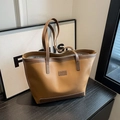 Brown faux leather tote bag with contrast stitching and double top handles - Brown