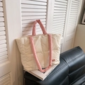 Cream quilted puffer tote bag with pink handles and a brown leather logo patch - Pink