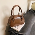 Glossy brown PU leather Boston handbag with top handles and silver hardware - Brown