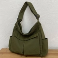 Grand sac cabas en toile vert foncé avec plusieurs poches et bandoulière réglable - Vert