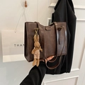 Dark brown large tote bag in retro faux leather with a cute plush bunny charm - Coffee with Pendant