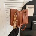 Brown vintage faux leather tote bag with cute plush bunny charm and shoulder straps - Brown with Pendant