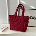 Stylish burgundy quilted nylon tote bag with rhombus pattern and side zipper pocket - Burgundy