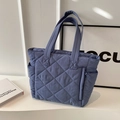 Quilted nylon tote bag in dusty blue featuring large capacity and rhombic stitching - Blue