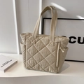 Quilted nylon tote bag in beige featuring diamond pattern and spacious side pockets - Khaki