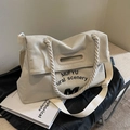 Beige corduroy tote bag with thick rope handles and MUFYU natural scenery print - Off White