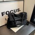 Large black corduroy tote bag with rope handles and MUFYU embroidery for women - Black