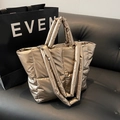 Metallic champagne gold quilted nylon tote bag with large capacity and double straps - Silver