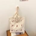 Borsa tote in velluto a coste crema con scritta rossa, borsa a spalla retrò chic - Bianco Sporco