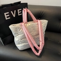 Stylish quilted nylon puffer tote bag in pearl white with pink handles for women - Off-white