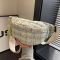 Light green and blue plaid corduroy crossbody bag with wide white strap - Green Plaid