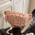 Pink and white checkered crossbody chest bag with adjustable strap and tweed texture - Pink Grid