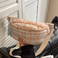Orange and blue plaid corduroy crossbody bag with adjustable white strap and charm - White Plaid