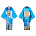 Ensemble kimono cosplay en satin bleu avec motifs de vagues et obi brun à nœud vert - S / Style Bleu