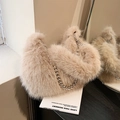 Sac seau chic en fausse fourrure beige avec chaîne à boules argentée pour l'automne - Kaki