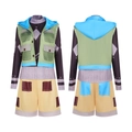 Costume cosplay anime con gilet verde con cappuccio, maglia viola e pantaloncini gialli - S