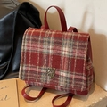 Sac à dos en tweed vintage britannique à carreaux rouge-brun avec brides en cuir - Grille Rouge
