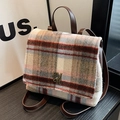 Sac à dos en tweed à carreaux vintage avec détails en cuir brun et logo métallique - Plaid Marron