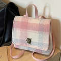 Sac à dos en tweed à carreaux rose et bleu avec boucle vintage et lanières en cuir - Grille rose