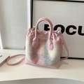 Pink leather bucket bag with plaid plush panel, drawstring closure and dual handles - Pink Grid