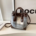 Brown leather and checkered plush bucket bag with drawstring and detachable strap - Blue Plaid