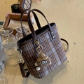 Brown and blue plaid tweed tote bag with leather trim and a cute monster pendant - With Charm / Coffee Plaid