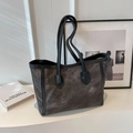 Bolso tote retro de lona lavada gris con correas de cuero negro para uso diario - Marrón Oscuro