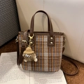 Retro plaid bucket bag in brown and blue tweed with a cute plush monster charm - No Pendant / Argyle Brown