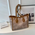 Bolso tote estilo Maillard en tela de mármol con asas de cuero marrón en color beige - Caqui