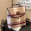 Großer Retro-Rucksack mit Karomuster aus blauem und rosa Wollstoff mit Metallschloss - Braun