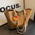 Deep brown retro leather tote bag with handmade persimmon charm and long straps - Khaki With Pendant