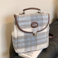 Blau-grau karierter Tweed-Rucksack für Damen mit braunem Lederbesatz und Drehverschluss - Graublau