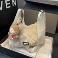 Quilted beige nylon tote bag with teddy bear charm and adjustable shoulder strap - Off-white With Pendant