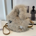 Khaki fluffy faux fur bucket bag for women with cute star charms and leather strap - Khaki