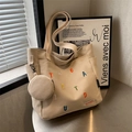 Cream canvas tote bag with colorful letter embroidery and a matching round coin purse - Khaki